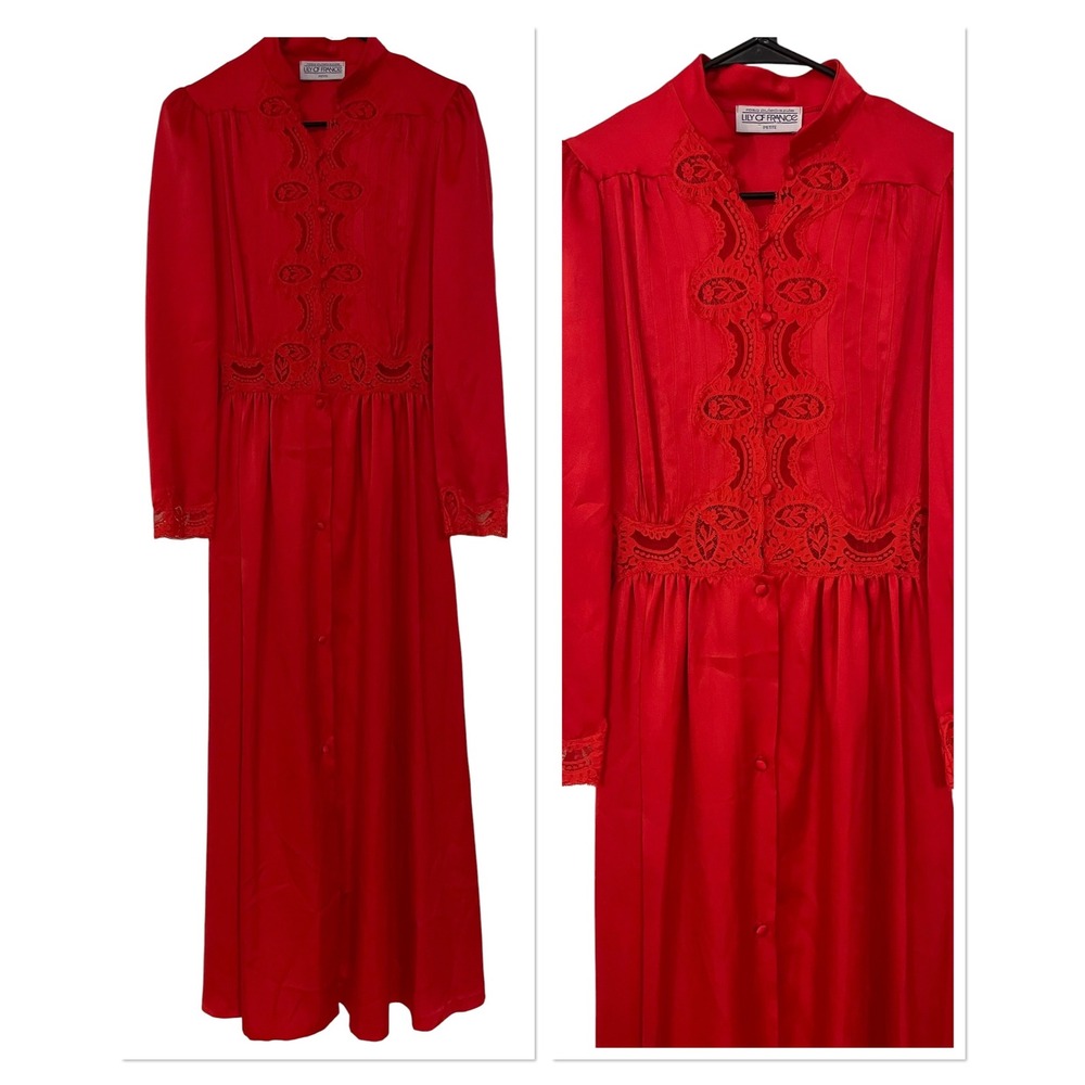 Vtg Lily of France Rosa Puleo Szule Red Satin Lace Nightgown Dress Union Petite